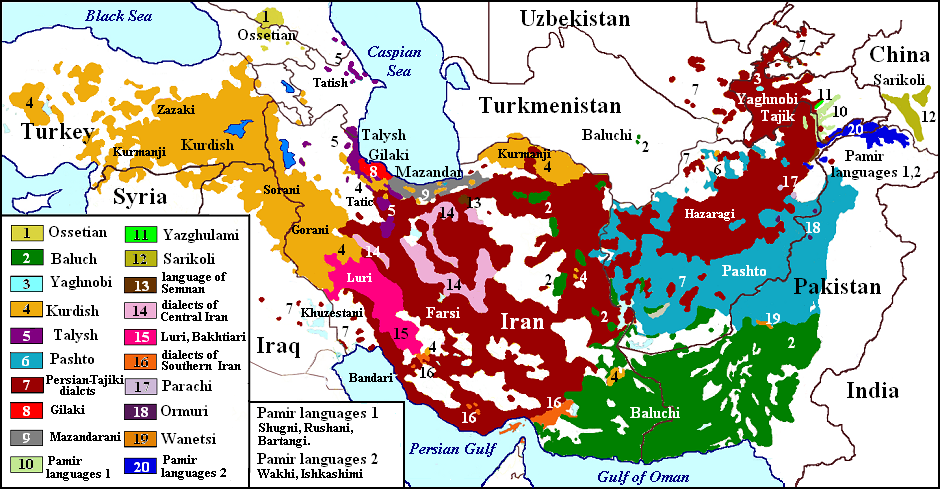 Carte des langues iraniennes